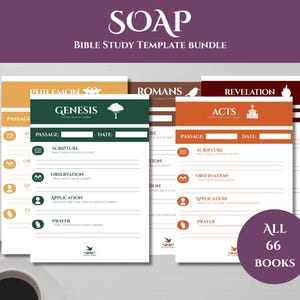 Może przedstawiać: Zestaw szablonów do studiowania Biblii ze słowem "SOAP" na górze. Szablony są w różnych kolorach, w tym zielonym, pomarańczowym i brązowym. Widoczny jest również tekst "Bible Study Template Bundle". W tle filiżanka kawy i laptop.