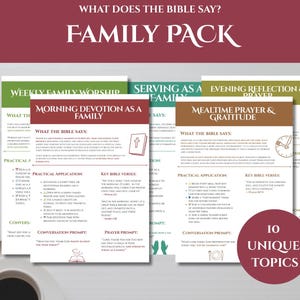 May include: A Family Pack with the text "What Does The Bible Say?" and "Family Pack" in white font on a maroon background. The pack includes 10 unique topics, such as "Morning Devotion as a Family" and "Mealtime Prayer & Gratitude".