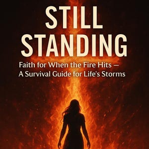 May include: Book cover with the title "STILL STANDING" in large white letters. Below, it reads "Faith for When the Fire Hits - A Survival Guide for Life's Storms." A silhouette of a person stands before a fiery background. Author's name is "LADY NYE."