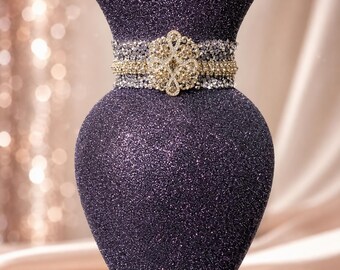 Handcrafted Midnight Sparkle Navy Glass Vase (9x4.5) I Rhinestone Filigree I Luxe Tablescapes Statement Piece I Only 1 Made!