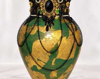 Handcrafted Green Gold Jeweled Glass Vase (10.5x7) | Victorian Glam Décor | Elegant Fall Tablescape I Only 1 Made!