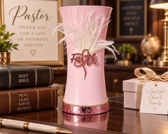 Handcrafted Pink Jeweled Glass Vase (8x4) I Christian Breast Cancer Survivor Gift I Faith Desk Entry Table Glam Decor I Only 1 Made!