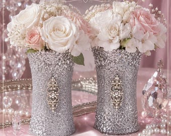 Silver Glitter Glass Floral Vase Pair (8x4 each) | Rhinestone Embellishment I Tablescape Statement Decor I Free U.S. Shipping! I Only 1 Made