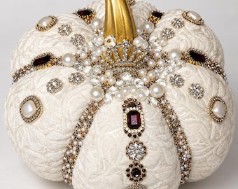 Jeweled Ivory Velvet Pumpkin | Luxury Thanksgiving Centerpiece | Tablescapes Decor | Large Single OR Set I Only 1 Made!