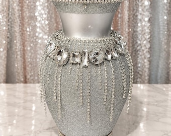 Handcrafted Jeweled Glass Vase (9x4.5) | Oversized Faceted Jewels I Cascading Rhinestones I Tablescape Statement Piece I One-of-One Made!