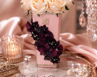 Handcrafted Blush Pink Plum Floral Jeweled Vase – Elegant Glam Home Decor I Tablescapes Statement Piece I Exclusive- Only One Made