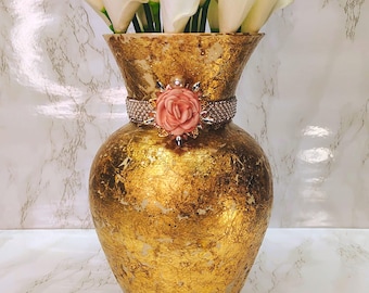 Handcrafted Gold Leaf Glass Vase I Blush Rose Accent I Jeweled Detail (10.5" H) I Tablescapes Statement Piece I Only 1 Made!