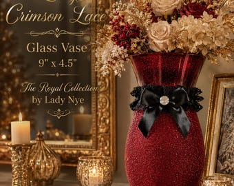 Red Crimson Glass Vase with Custom Glitter Blend I Elegant Lace Satin Bow I (9x4.5) | Baroque Romantic I Holiday Centerpiece I Only 1 Made!