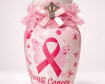 Crowned Lady Hope Breast Cancer Awareness Vase | Handmade Pink Decoupage Vase | Survivor Gift | Pink Ribbon Decor I Only 1 Made!