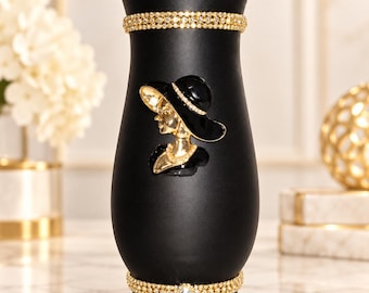 Noire Black Gold Decorative Glass Vase (8x4) | Jeweled Rhinestone Glam Decor | First Lady Pastor Gift | Elegant Women’s Gift I Only 1 Made!