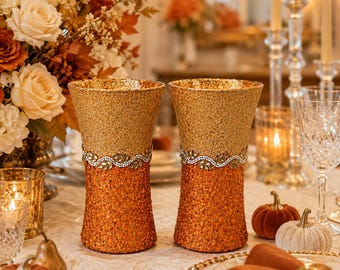 Autumn Burnt Orange Glass Vase Set (8x4) | Gold & Copper Bling | Elegant Fall Decor | Luxury Centerpiece Tablescapes I Only 1 Made!