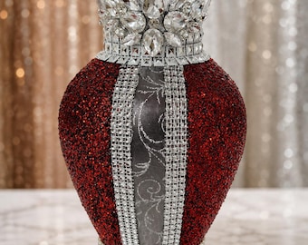 Handcrafted Red Silver Jeweled Glass Vase (9x4.5) I Crystal Rhinestone Collar I Tablescape Statement Piece I Only 1 Made (Red)