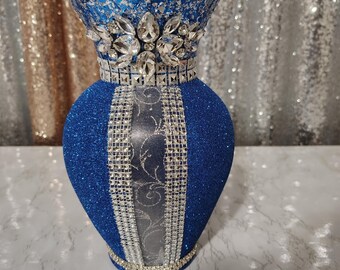 Handcrafted Royal Blue Jeweled Vase (9x4.5) I Luxury Glam Gilded and Rhinestone Statement Glam Decor I Tablescapes I Only One Made!