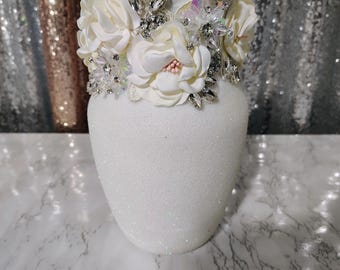 Handcrafted White AB Jeweled Glass Vase (9x4.5) | Elegant Winter Holiday Decor | Bridal Statement Piece | Year Round Glam I Only 1 Made!