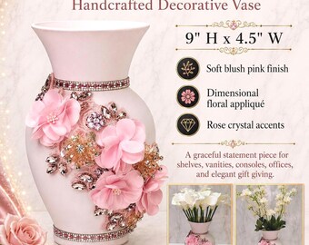 Handcrafted Blush Pink Floral Glass Vase | Rhinestone Trim, Rose Jewels (9x4.5-inch) I Statement Piece Tablescapes I Only 1 Made!