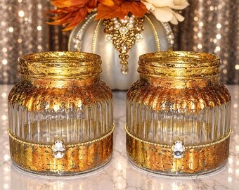Handcrafted Gilded Jeweled Pumpkin and Vase Set (3 Pc) I Glam Fall Centerpiece I Thanksgiving Tablescape I Only 1 Made!