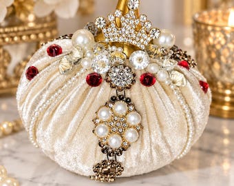 Jeweled Ivory Velvet Pumpkin Petite | Ruby Court I Pearl Crystal Rhinestone Fall Accent | Single OR Royal Set I Only 1 Made!