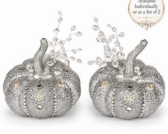 Handcrafted Silver Jeweled Fairytale Pumpkins Individual OR Set (2) | Luxury Holiday Crystal Glam Decor Tablescape I Only 2 Made!