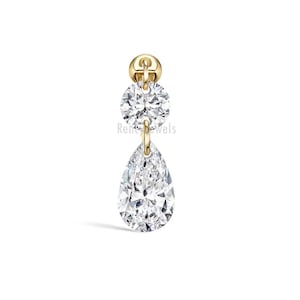 Floating Double Diamond Threaded Charm Earring 14k gold jump ring Pear shape LabGrown Diamond dangle drop Helix Daith Piercing Diamond Stud