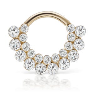 Könnte beinhalten: Ein goldfarbener, kreisförmiger Ohrring mit einer Ansammlung klarer, rund geschliffener Diamanten. Die Diamanten sind in einem Halbkreis um das Goldband angeordnet und erzeugen ein funkelndes, elegantes Design. Der Ohrring ist vor weißem Hintergrund.