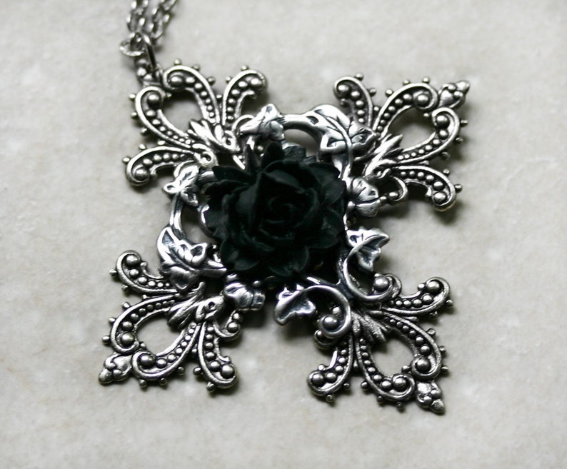 Gothic Cross with Black Rose Necklace