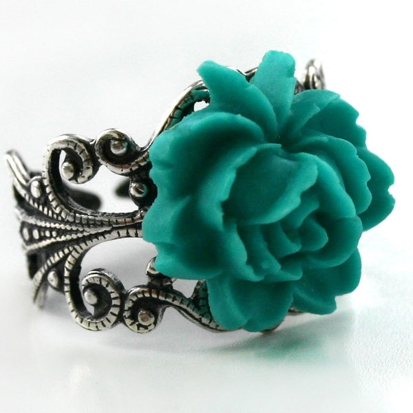 Rockabilly Teal Green Rose Ring