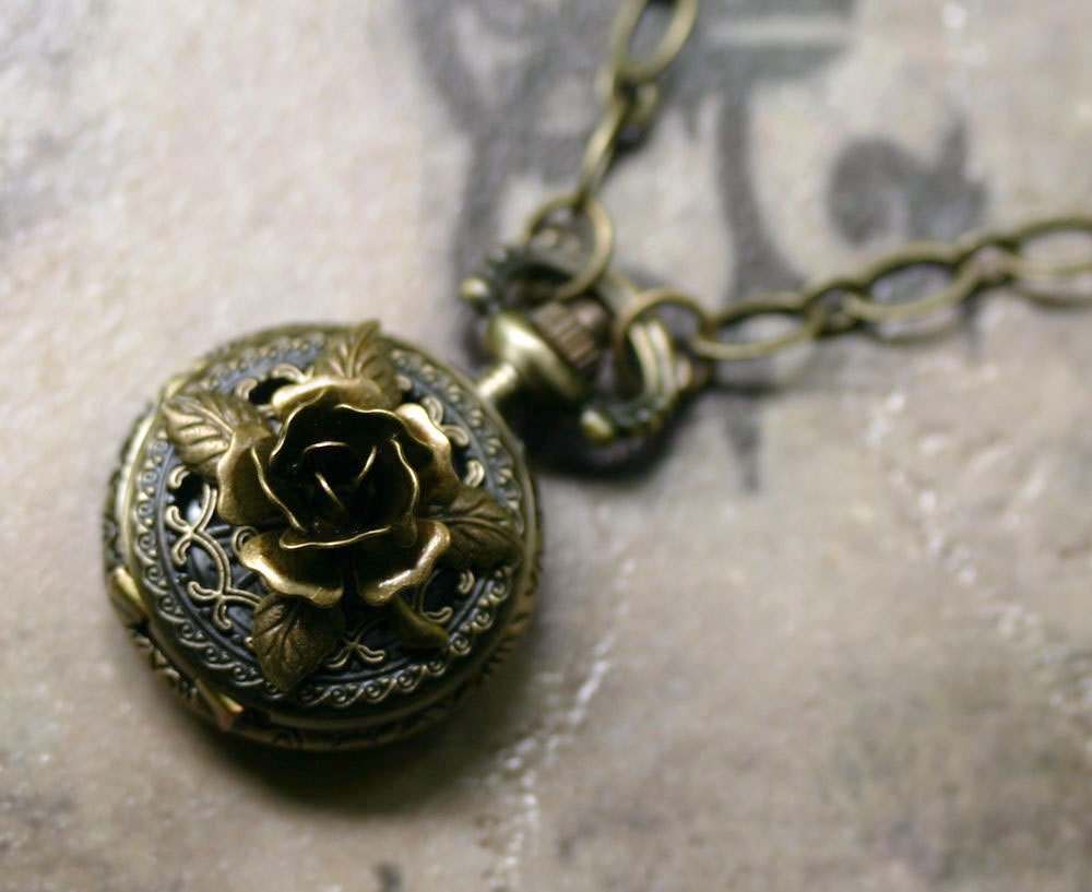 Victorian Pocket Watch Necklace with Antique Brass Rose Etsy