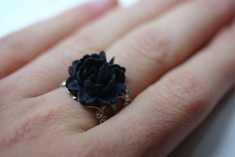 Black Rose Ring in Silver Adjustable Etsy