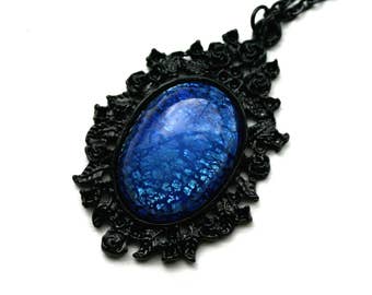 Sapphire Blue Opal Cameo Necklace