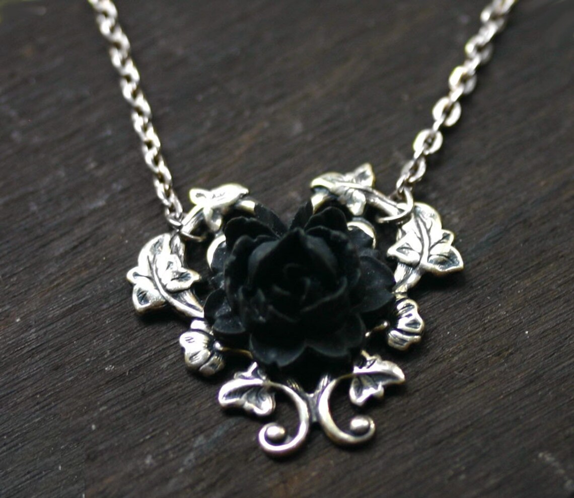 Black Rose Necklace Gothic Steampunk Necklace Etsy