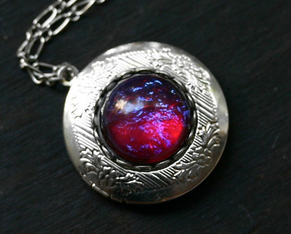 Glass Cabochon Silver Plate Locket 18" 24" Chain Fire Opal Dragons Breath & More 