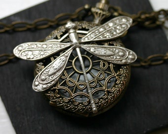 Pocket Watch Necklace with Dragonfly