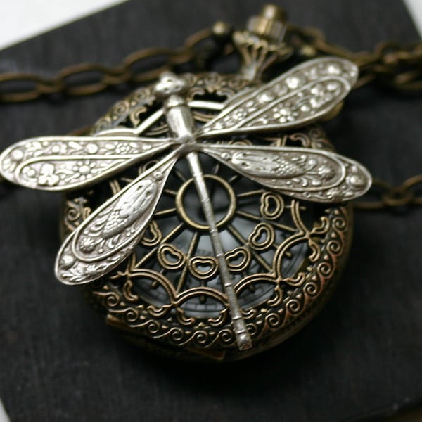 Pocket Watch Necklace with Dragonfly