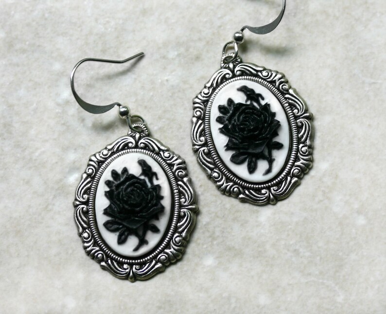 Victorian Gothic Black Rose Cameo Earrings image 1