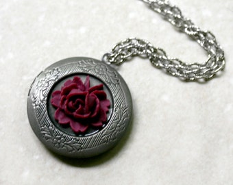 Silver Red Rose Locket Necklace