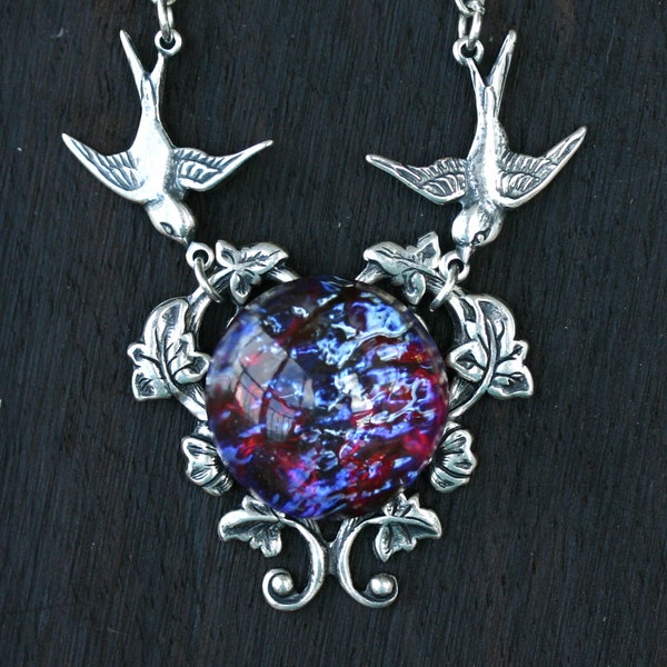 Fire Opal Necklace with Birds in Dragon Breath
