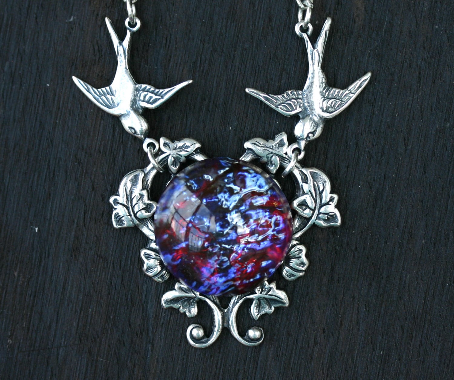 Fire Opal Necklace With Birds In Dragon Breath Etsy