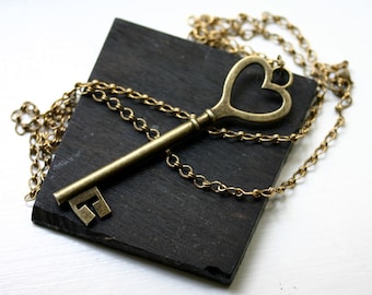 Key to My Heart Necklace in Antique Brass