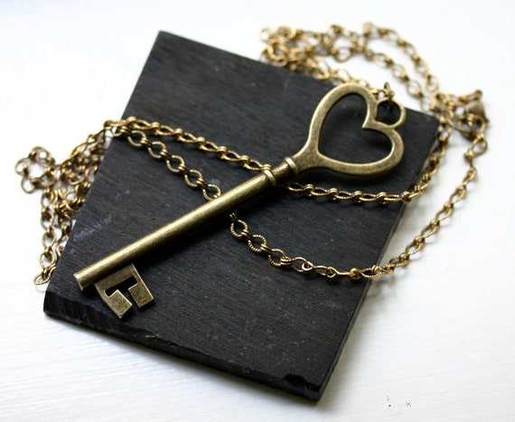 Key to My Heart Necklace in Antique Brass