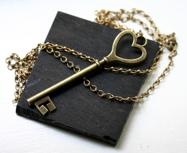 Key to My Heart Necklace in Antique Brass image 1