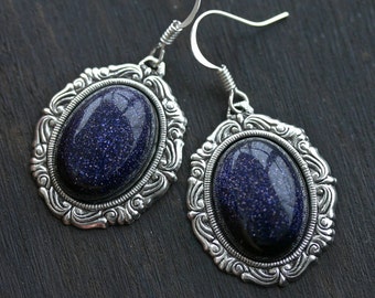 Galaxy Earrings - Blue Goldstone Cameo Constellation