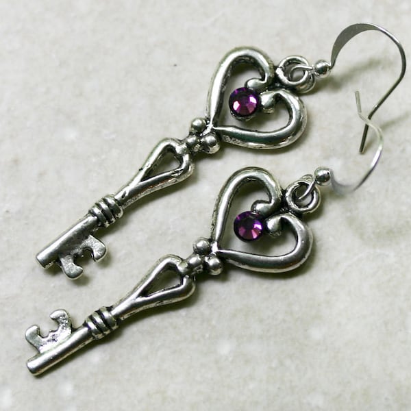 Skeleton Key Earrings with Amethyst Swarovski Crystals