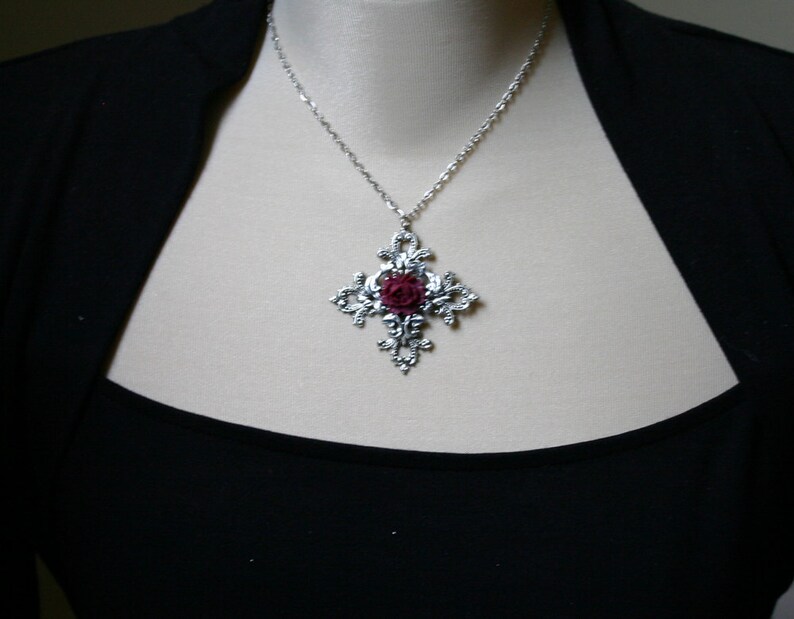 Gothic Cross with Black Rose Necklace