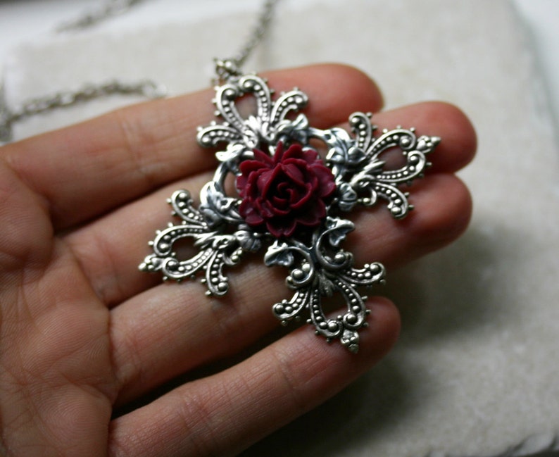 Gothic Cross with Black Rose Necklace