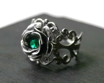 Silver Rose Ring with Emerald Green Crystal - Neo Victorian Steampunk Adjustable