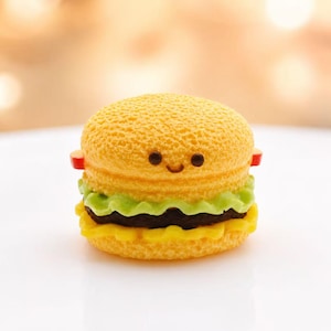 May include: A miniature, smiling hamburger with a textured yellow bun, green lettuce, and a dark patty. The burger has a cute face with black eyes and a curved mouth. Small red accents are on the sides. The burger is a whimsical food-themed item.