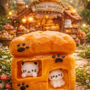 May include: A whimsical, orange bread-shaped structure with paw print details and two white bear figures inside. The image features a miniature bakery with the text "Bread Workshop" above the entrance, surrounded by flowers and mushrooms.