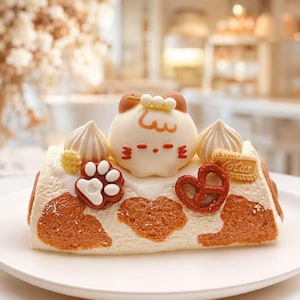 May include: A rectangular cake with a white and brown cow-print pattern, topped with a central white cat-shaped figure, two white meringue swirls, a brown paw print, a brown pretzel, and a small rectangular cookie labeled Lotus.