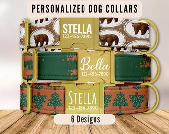 Camping Dog Collar, Personalized Dog Collar, Engraved Name Collar, Bear & Pine Dog Collar, Rustic Plaid Dog Collar, Pup Collar, Leash Add On