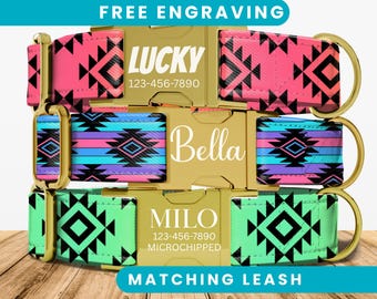Personalized Southwestern Dog Collar, Cow Print Collar, Engraved Name Buckle, Aztec Pattern, Adjustable Fit, Matching Leash, Pet ID,Dog Gift